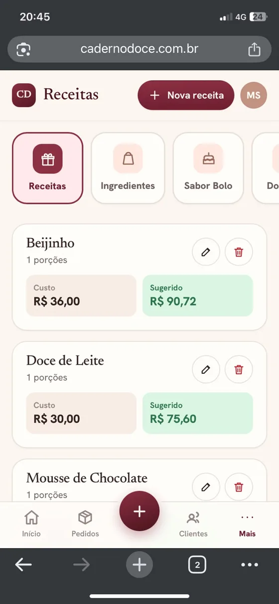 Tela de receitas com custo calculado e preço sugerido